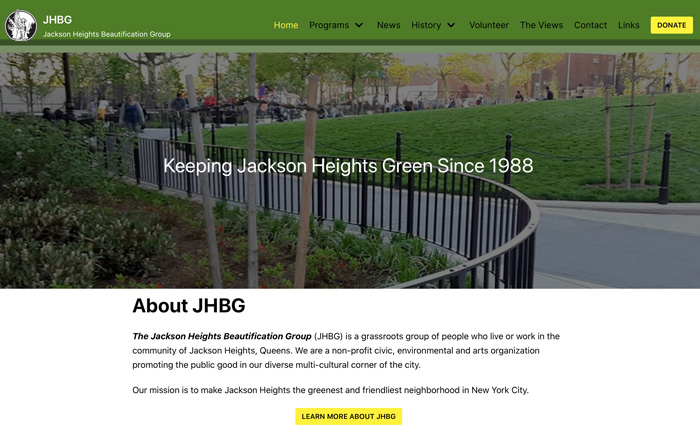 screenshot of home page for Jackson heights beautification group