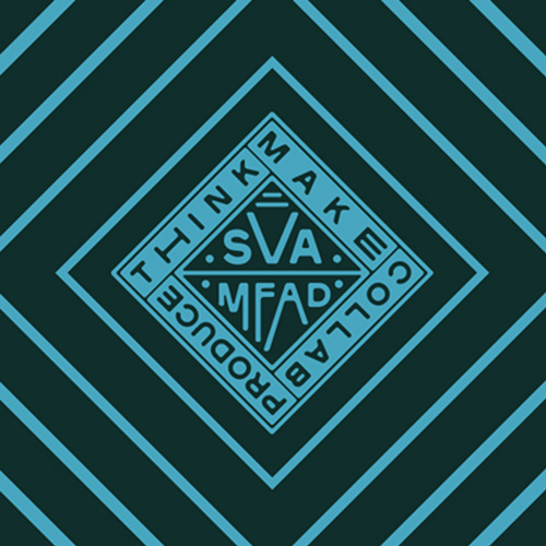 SVA logo think make collaborate text on dark aqua and aqua blue diamond pattern